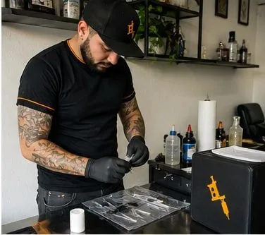 tattoo artist prepping supplies on a work table